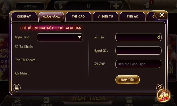 Nạp tiền để có vốn chơi Sicbo tài phú MD5 tại Sunwin